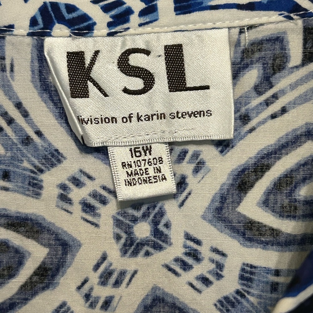 Vintage KSL Karin Stevens Sleeveless Button Down Geometric Blue Dress Size 16 - Picture 6 of 13